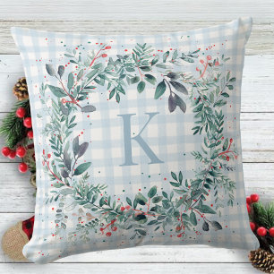 Plaid Blue Monogram Greenery  Christmas Wreath Throw Pillow