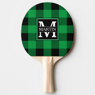 Plaid blue pattern monogram ping pong paddle