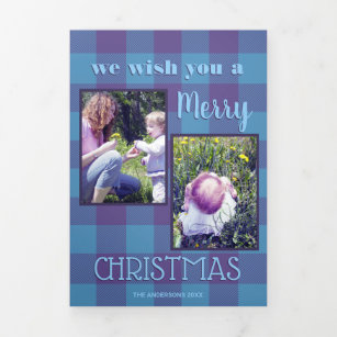 Plaid Blue Purple Chic Rustic Country 4 Photo Tri-Fold Holiday Card
