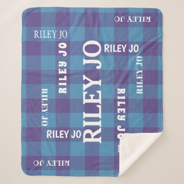 Plaid Blue Purple Pattern Rustic Name Collage Sherpa Blanket (Front)