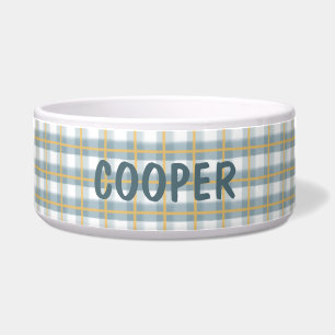 Plaid Blue White Yellow - Dog Bowl with Name