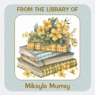 Plaid Books and Yellow Flowers Bookplate Square Sticker