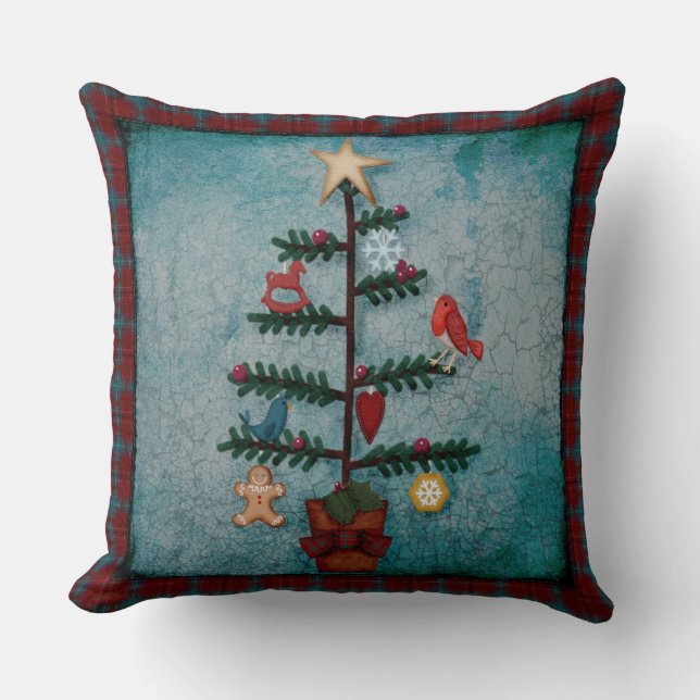 Plaid Border | Folk Art Christmas Tree Throw Pillow (Front)