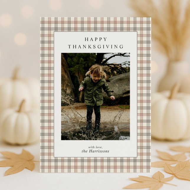 Plaid Border Modern Thanksgiving Photo Card (Creator Uploaded)