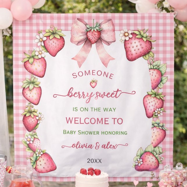 Plaid bow berry sweet baby shower backdrop  tapestry (Creator Uploaded)