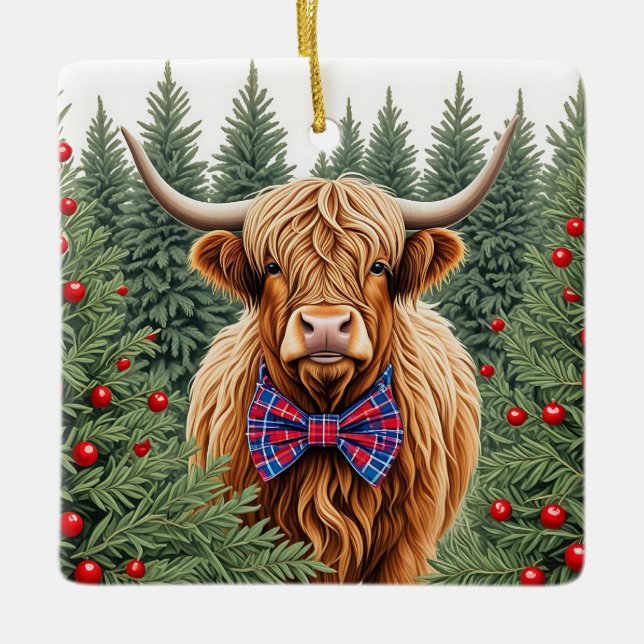 Plaid Bow Tie Highland Cow Christmas Ornament – Fe (Front)