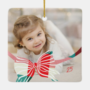 Plaid Bow Yearly Keepsake Photos Christmas Ceramic Ornament