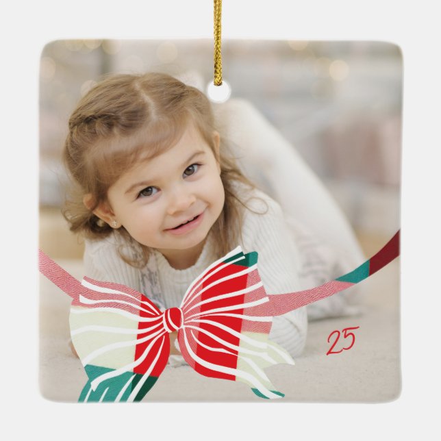 Plaid Bow Yearly Keepsake Photos Christmas Ceramic Ornament (Back)