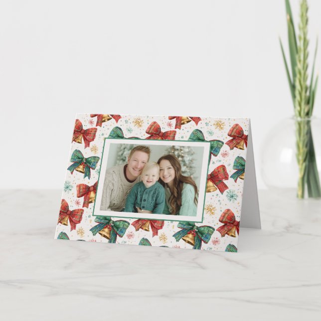 Plaid Bows Bells Retro Photo Christmas Card (Front)