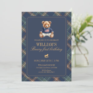 Plaid Boy Teddy Navy Tartan Bear 1st Birthday Invitation