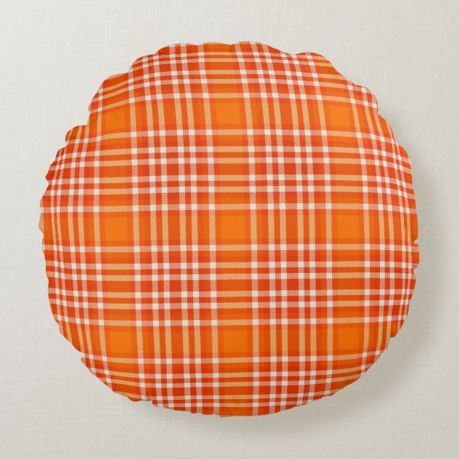 Plaid Bright Orange Round Throw Pillow (Front)