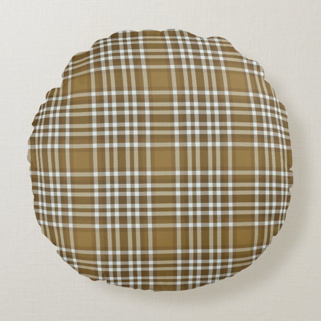 Plaid Brown Modern Round Throw Pillow (Front)