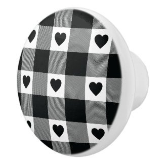 Plaid buffalo black and white heart pattern ceramic knob