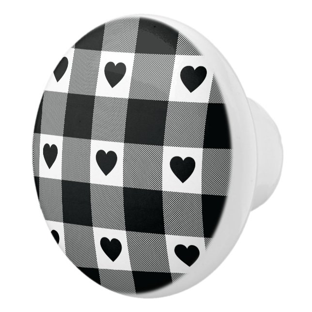 Plaid buffalo black and white heart pattern ceramic knob (Right)
