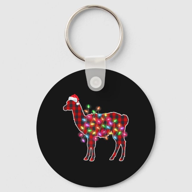 Plaid Buffalo Llama Christmas Pajamas Xmas Lights  Keychain (Front)