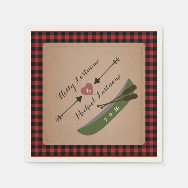 Plaid Canoe + Heart With Arrows Rustic Wedding Napkin (Front)