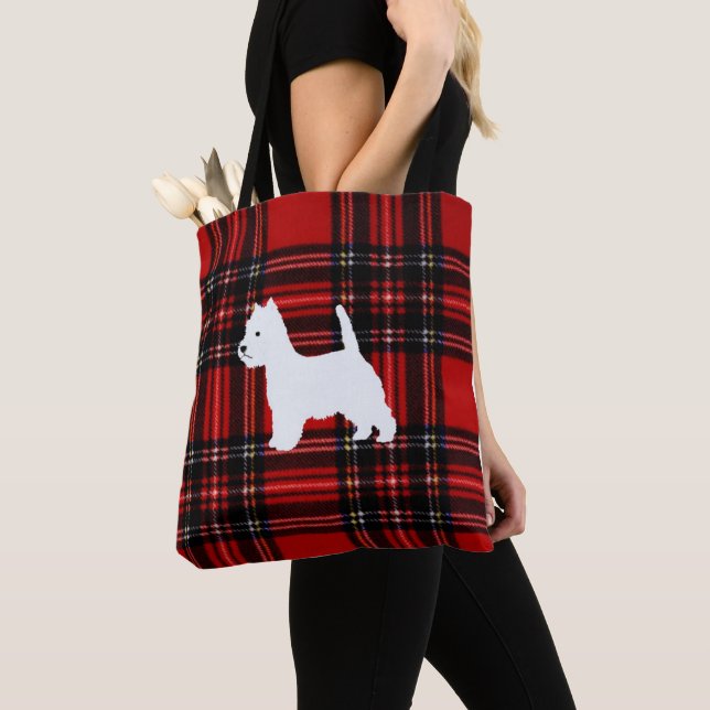 Plaid Canvas Tote with Westie (Close Up)
