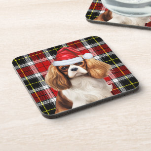 Plaid Cavalier King Charles Spaniel Santa Dog Coaster