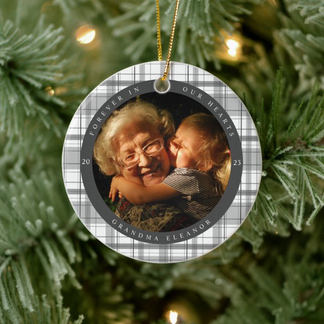 Plaid Charcoal Memorial Two Photo Ceramic Ornament (Tree)