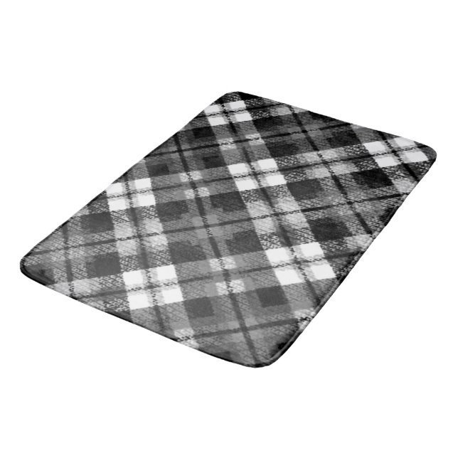 Plaid Check Tartan Black White Farmhouse Modern Bath Mat (Angled)