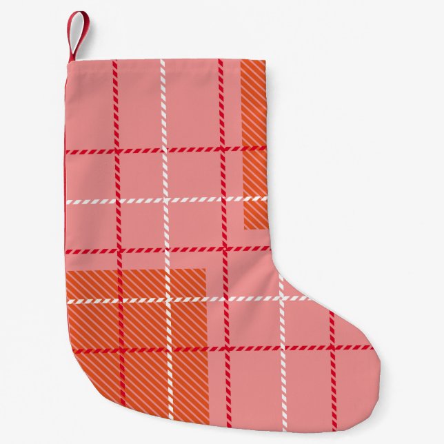 Plaid Checkered Fabric Pattern in pink,  pale oran Small Christmas Stocking (Front)