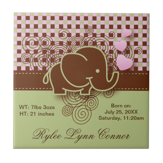 Plaid Chequered Elephant Design | Pink Brown Green Tile (Front)
