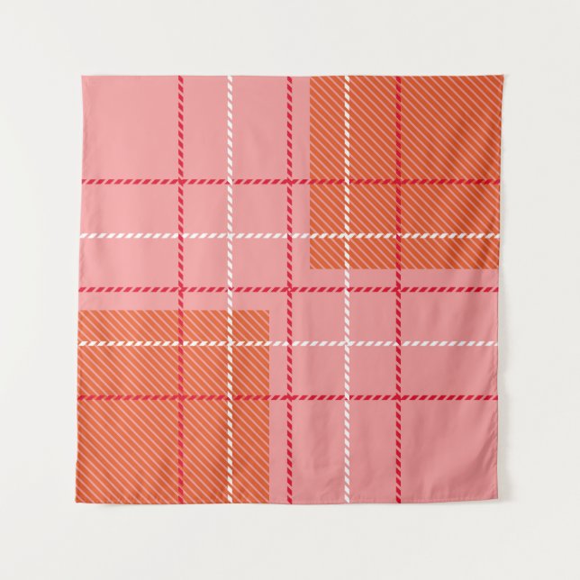 Plaid Chequered Fabric Pattern in pink,  pale oran Tapestry (Front)