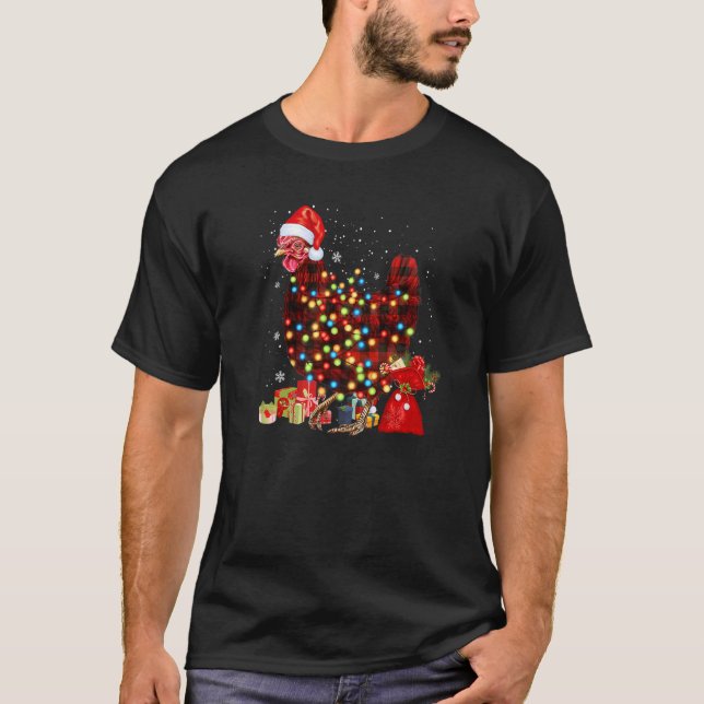 Plaid Chicken Santa Hat Lights Buffalo Pyjamas Chr T-Shirt (Front)