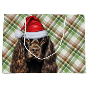 Plaid Christmas Chocolate Cocker Spaniel Dog Large Gift Bag