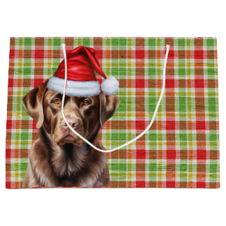 Plaid Christmas Chocolate Labrador Retriever Dog  Large Gift Bag