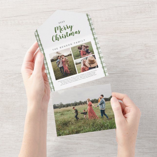 Plaid Christmas Green 4 Photo Holiday All In One Invitation (Tearaway)
