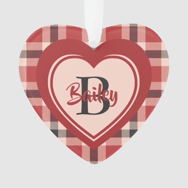 Plaid Christmas Heart w/Pink Tattoo Personalized Ornament (Front)