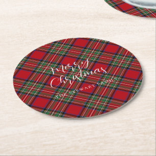 Plaid Christmas Holiday Script Clan Stewart Tartan Round Paper Coaster