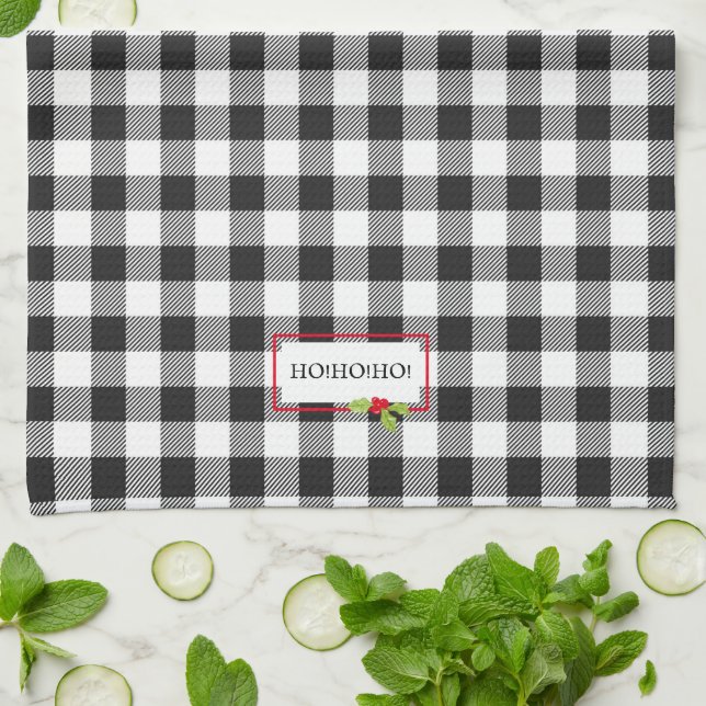Plaid Christmas Holly Ho Ho Ho Holiday Cheer Kitchen Towel (Folded)