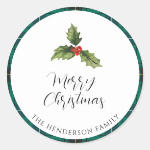 Plaid Christmas Mistletoe Tartan Return Address Classic Round Sticker
