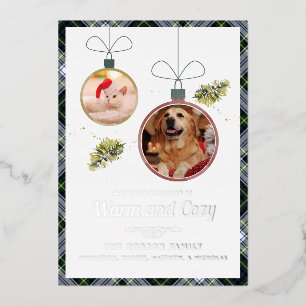 Plaid Christmas Pet Photos Gordon Tartan Silver Foil Holiday Card