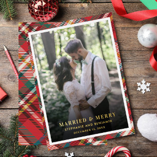 Plaid Christmas Photo Married and Merry Gold Foil Holiday Card