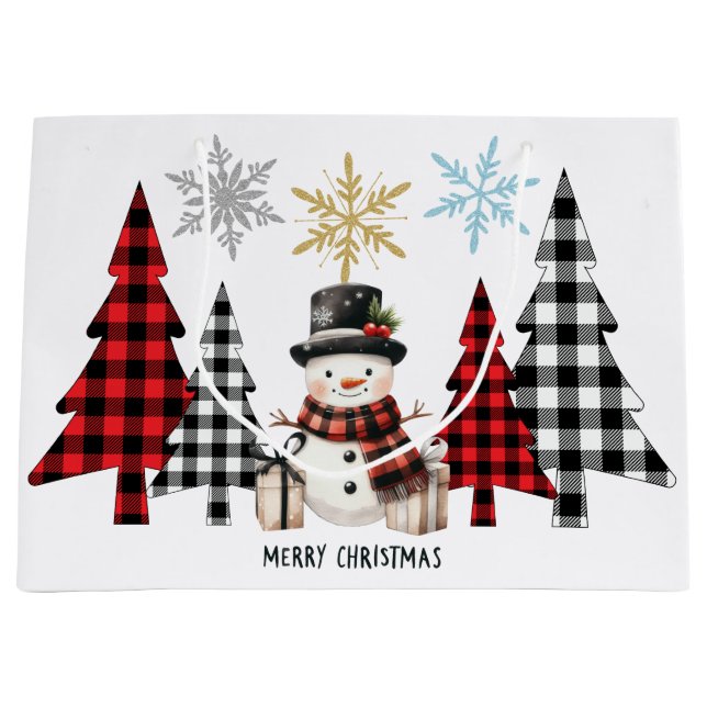 Plaid Christmas Tree Snowman - Festive Wrapping Large Gift Bag (Front)
