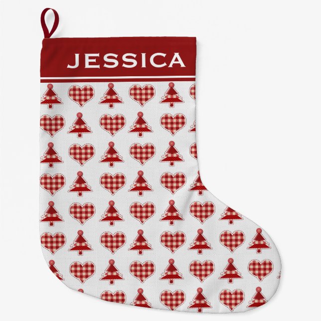 Plaid Christmas Trees and Hearts Personalised Large Christmas Stocking (Front)