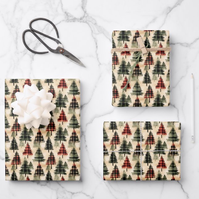 Plaid Christmas Trees on Beige Wrapping Paper Sheet (Front)