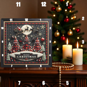 Plaid Christmas Trees Santa Sleigh Square Wall Clock