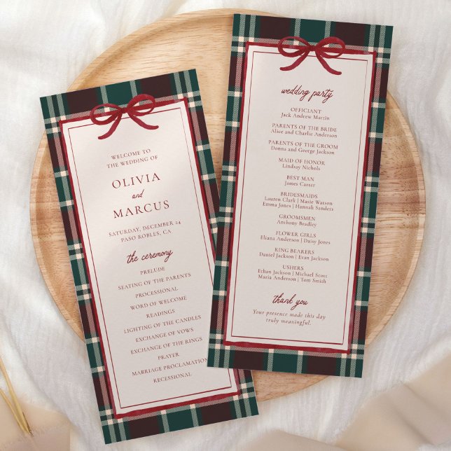 Plaid Christmas Wedding Program | Holiday Tartan (Burgundy green plaid Christmas wedding program with red bow—ceremony and wedding party layout)