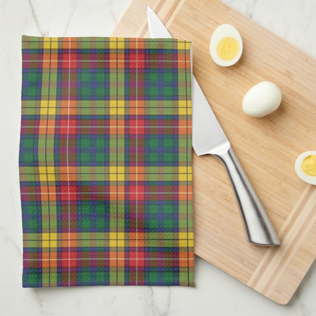 Plaid Clan Buchanan Tartan Red Yellow Green Check Kitchen Towel (Quarter Fold)