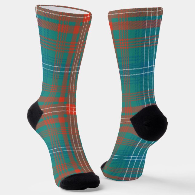Plaid Clan Wilson Orange Blue Check Tartan Socks (Angled)