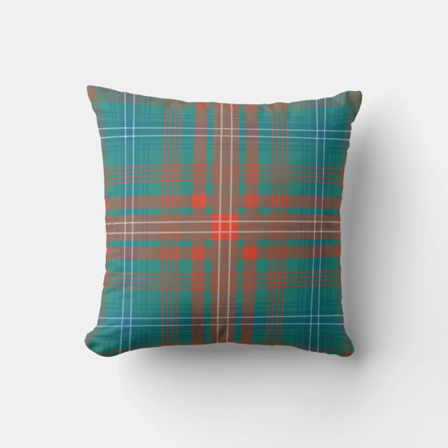 Plaid Clan Wilson Orange Turquoise Check Tartan Throw Pillow (Front)