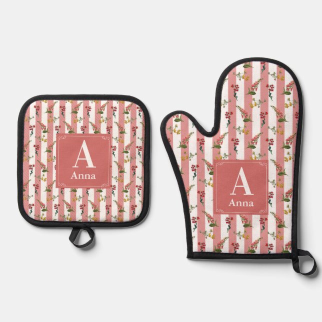 Plaid Custom Monogrammed with Wildflowers Floral Oven Mitt & Pot Holder Set (Front)