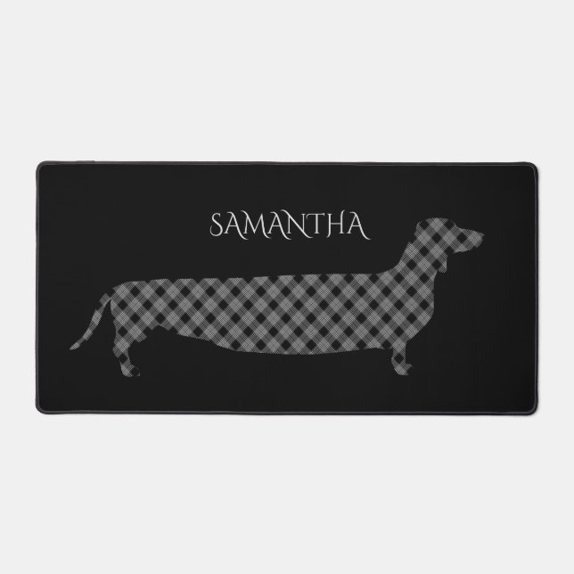 Plaid Dachshund on Black Personalised Desk Mat (Front)