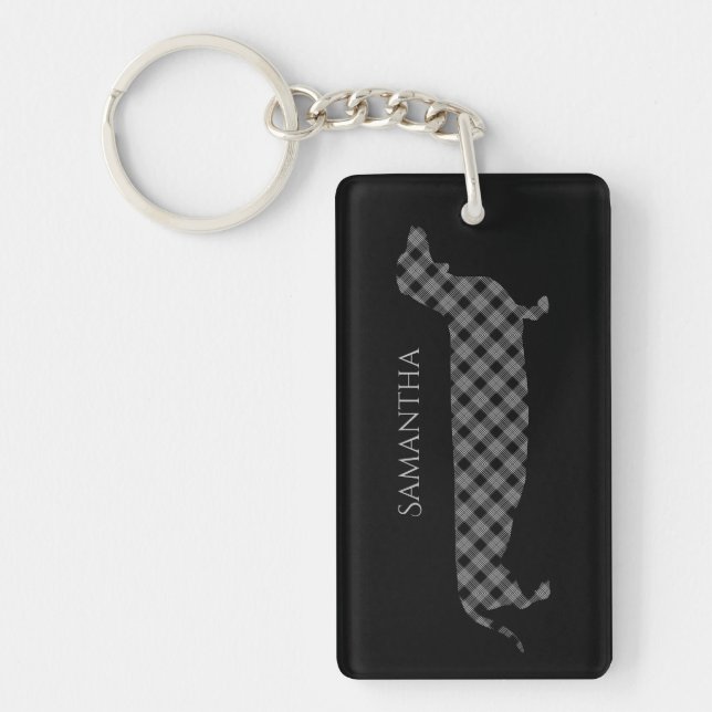 Plaid Dachshund on Black Personalised Keychain (Front)