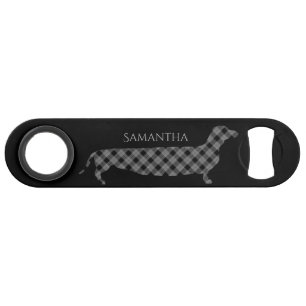 Plaid Dachshund on Black Speed Bottle Opener