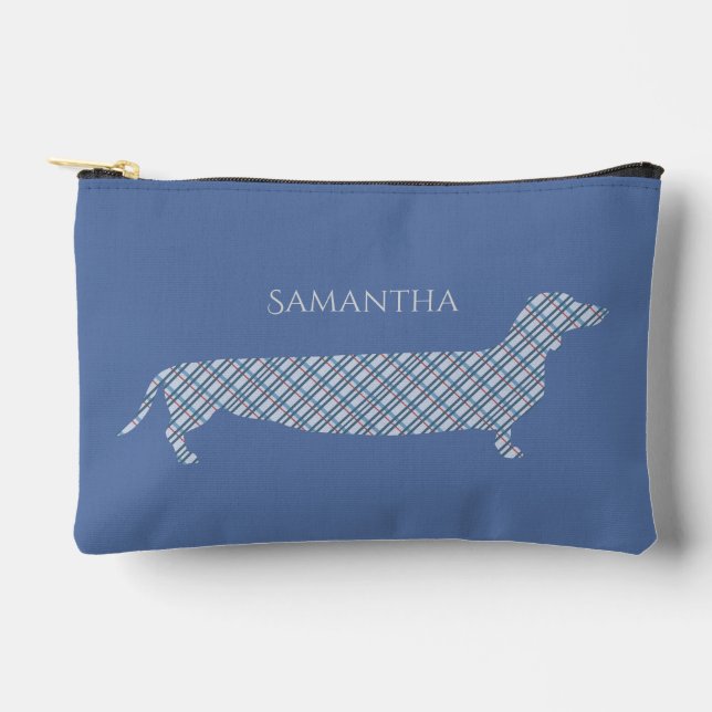 Plaid Dachshund on Blue Personalised Accessory Pouch (Front)